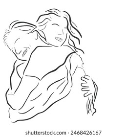 hand drawn line art vector of an aged mother hugging her adult daughter. A pure moment of bliss concept.