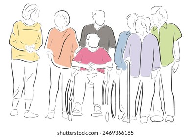 Hand drawn line art vector of Old buddies together. Elderly people in group therapies. Elderly friendship