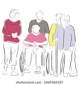 Handgezeichnete Linie Kunst Vektorgrafik von alten Kumpels zusammen. Ältere Patienten in Gruppentherapien. Altenfreundschaft