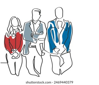Vector de arte de línea dibujada a mano de un equipo corporativo. Trabajo en equipo en la oficina. 