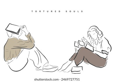 Hand drawn line art vector of a couple engrossed in books. The tortured souls found love in books.