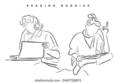 Hand drawn line art vector of reading buddies. Book nerds having fun.