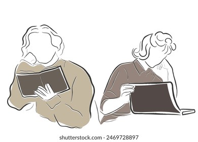 Hand drawn line art vector of reading buddies. Book nerds having fun.