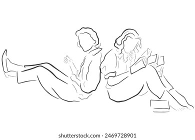 Hand drawn line art vector of reading buddies. Book nerds having fun.