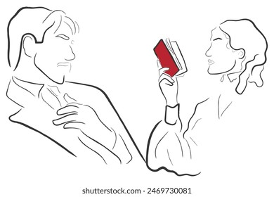 Hand drawn line art vector of tortured souls lost in books. Passion and literature concept.