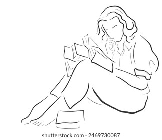 Hand drawn line art vector of tortured souls lost in books. Passion and literature concept.