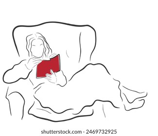 hand drawn line art vector of a modern woman sitting laid back on sofa reading the red book. 