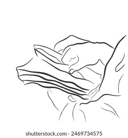 Hand drawn line art vector of a poet going through scriptures. 