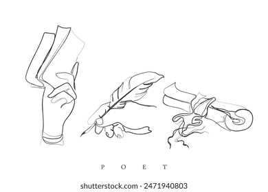 Hand drawn line art vector of Classic literature elements set. Ancient books and love for literature.