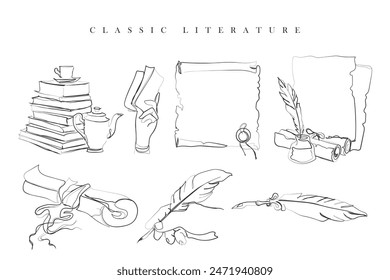 Hand drawn line art vector of Classic literature elements set. Ancient books and love for literature.