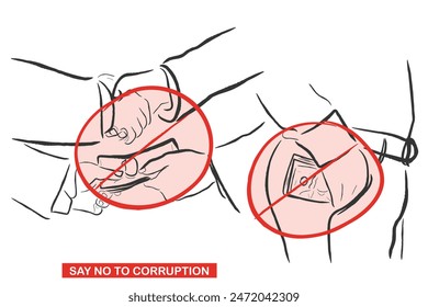 Hand drawn line art vector of Concept of Bribery and corruption. Say No to back door deals and illegal business.