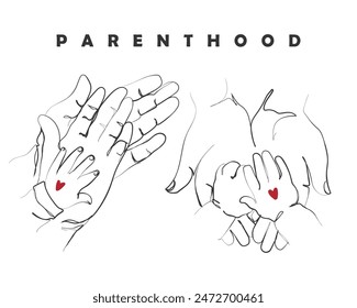 Hand drawn line art vector of parenthood and tender touch of babies. motherhood and fatherhood concept.