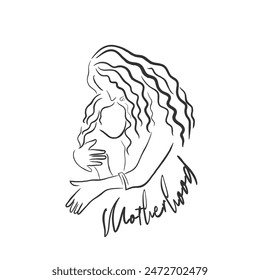 hand drawn line art vector of a young mother embracing her adorable daughter. Motherhood and daughterhood concept.