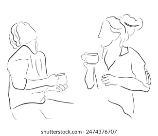 hand drawn line art vector of women enjoying coffee together. Coffee girls date. Friendship concept.