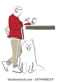 Hand drawn line art vector of a woman with her dog and having coffee. 