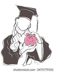 hand drawn line art vector of a girl in graduation roe and hat holding piggy bank. Concept of student loan.