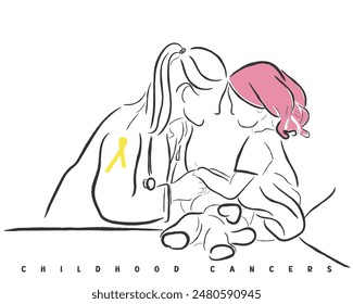 Hand drawn line art vector of a child suffering from cancer. childhood cancer and its awareness concept