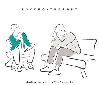 Hand drawn line art vector of a male psychotherapist with his patient in therapy.