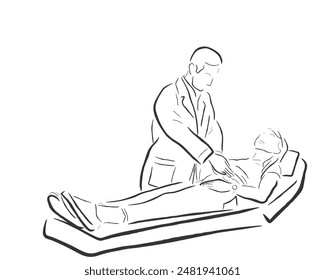 hand drawn line art vector of a doctor examining the abdomen of his patient. Clinical checkup concept.