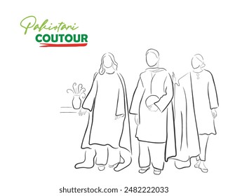 Handgezeichnete Linie Kunst Vektorgrafik der pakistanischen Couture. Frauen in bescheidener pakistanischer Kleidung.