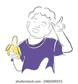 Vector de arte de línea dibujada a mano de niño con fruta. Dieta y nutrición para la nutrición. Arte conceptual nutricionista.