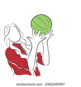 Hand drawn line art vector of kid with fruit watermelon. Diet and nutrition for nourishment. Nutritionist concept art.