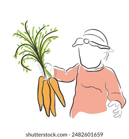 Vector de arte de línea dibujada a mano de niño con zanahoria. Dieta y nutrición para la nutrición. Arte conceptual nutricionista.