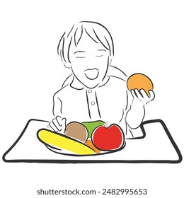 hand drawn line art vector of a little kid having healthy snacks. fruits and snacking for healthy nourishment.