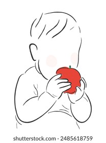 Hand drawn line art vector of a toddler with fruit. Healthy diet in kids concept. Pediatric dietitian and nutritionist poster elements.