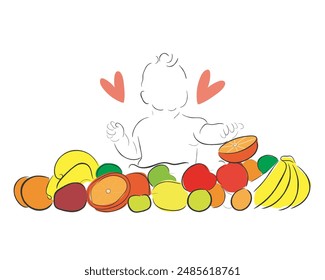 Vector de arte de línea dibujado a mano de un niño pequeño con fruta. Dieta saludable en el concepto de los niños. Elementos de póster de dietista pediátrica y nutricionista.