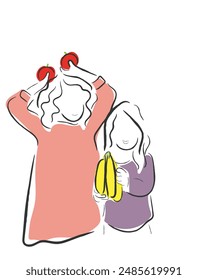 Handgezeichnete Linie Kunst Vektorgrafik von Kindern, die Obst und Gemüse halten. Ernährung und gesunde Ernährung in Kinder Konzept. 