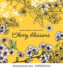 Handgezeichnete Linie Kunst Vektorgrafik Kirschblüten. Farbige Füllung von Kirschblumen auf Ästen mit einem schönen orangefarbenen Hintergrund. Handgezeichnete Typografie für verschiedene Nachrichten als Karten, Banner, Visuals.