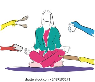 Vector de arte de línea dibujada a mano de una mujer haciendo yoga. Yoga con trabajo de cocina, distracciones móviles, despertador y rodillo.