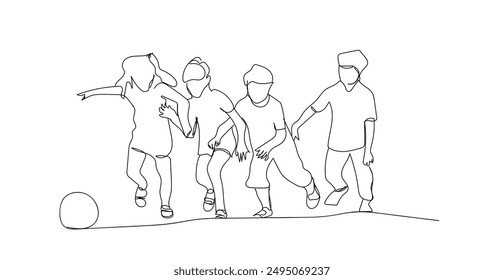 Hand drawn line art vector of Sports and activities for children. Group of joyful boys and a girls engaged in various sports posing together. Education. Isolated over white background.