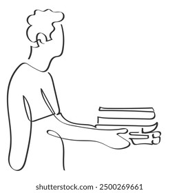 hand drawn line art vector of a boy handing over card board boxes of pizza. Pizza delivery boy.