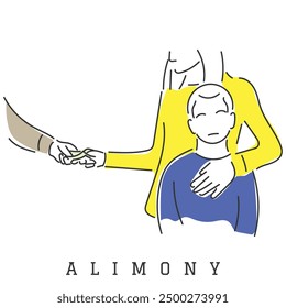 hand drawn line art vector of a woman with her child taking alimony from her ex.