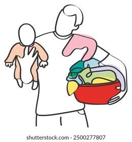 hand drawn line art vector of a man holding his toddler and doing laundery at the same time.