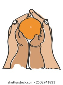 Dibujado a mano línea arte Vector de una madre sosteniendo con cuidado sus manos de niño y naranja.