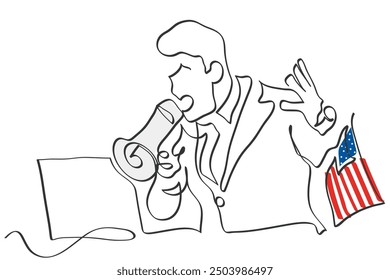 Hand drawn line art vector of a frustrated businessman in america. American economy and business problems rising.