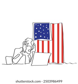 Vector de arte de línea dibujado a mano de un hombre de negocios frustrado en América. Aumentan los problemas de la economía y los negocios estadounidenses.