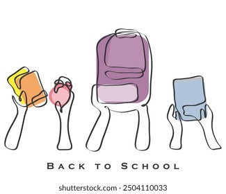 Hand drawn line art vector of school supplies. Back to school postcard.