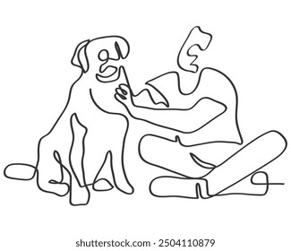 Vector de arte de línea dibujado a mano de un hombre acariciando al perro. Arte conceptual del veterinario. garabatos de postal de las mascotas.