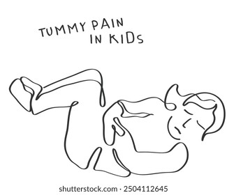 Vector de arte de línea dibujado a mano de una niña joven acostada en la cama con fuerte dolor de barriga. Concepto de problemas de salud infantil.