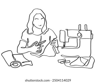 Vector de arte de línea dibujado a mano de una mujer cosiendo. Concepto de sastre. Mujer en moda y diseño. 