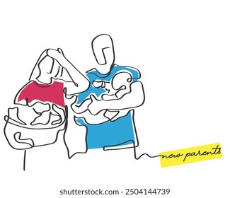 hand drawn line art vector of ne parents holding a baby and dirty laundry. shared responsibility of household for a husband and wife concept. Married life and its challenges.