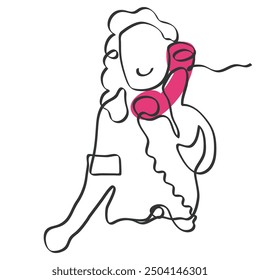 hand drawn line art vector of a girl talking on telephone. Communication girly concept.