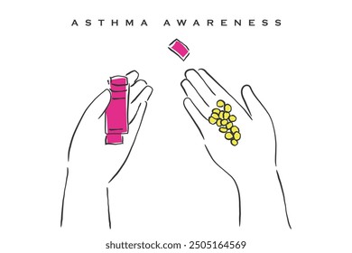 hand drawn line art vector of a woman holding asthma inhaler and tablets in the other hand. Asthma awareness postcard.