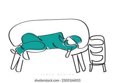 hand drawn line art vector of a medical professional in scrubs lying down sleeping on a couch after a long duty call. Overworked doctors and nurses concept