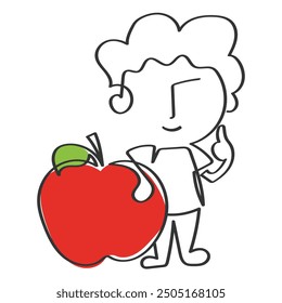 hand drawn line art vector of a kid with apple. Kids learning concept.