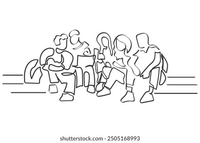 hand drawn line art vector of college students sitting together. Friends in college concept. Back to school concept